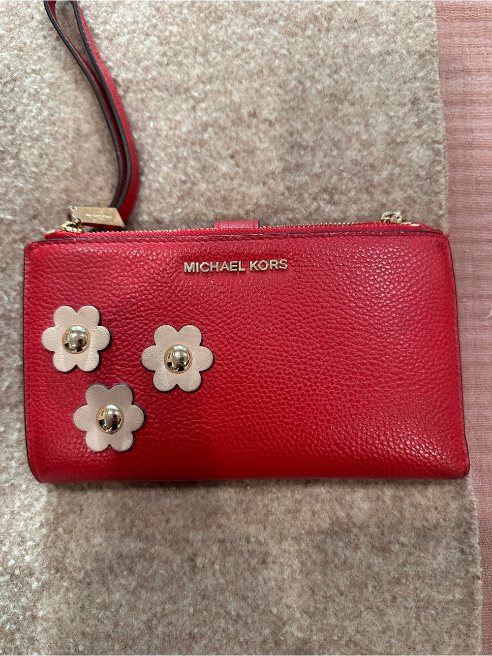 Michael Kors Red Leather Floral Appliqué Wristlet